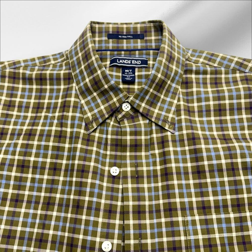LANDS END Men’s MEDIUM TALL Green Plaid Dress Shirt